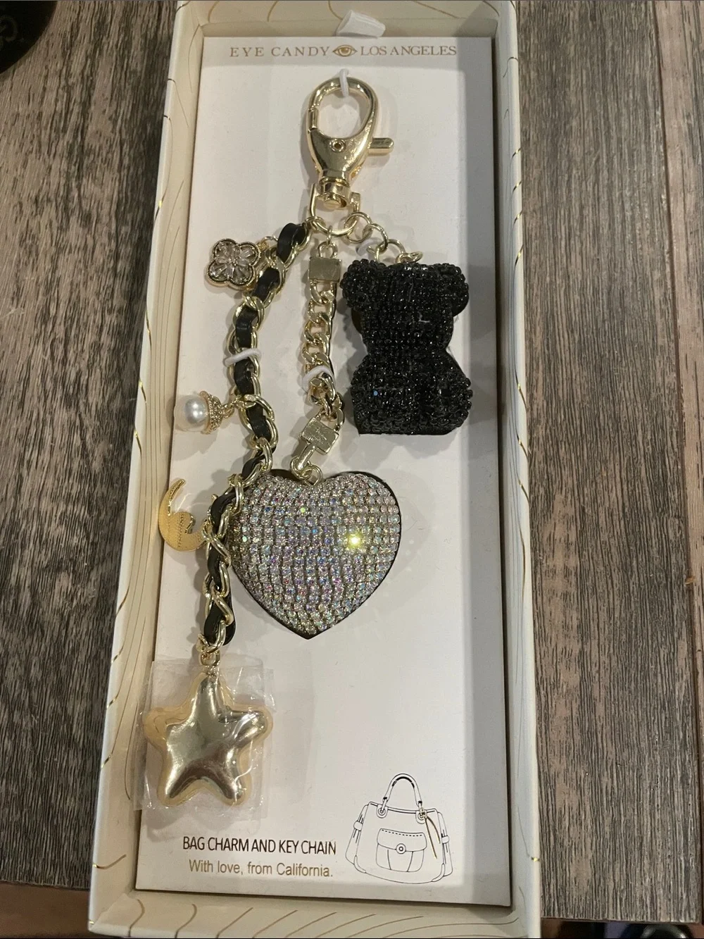 NIB Eye Candy Black Rhinestone Teddy & Heart Keychain with Gold Accent